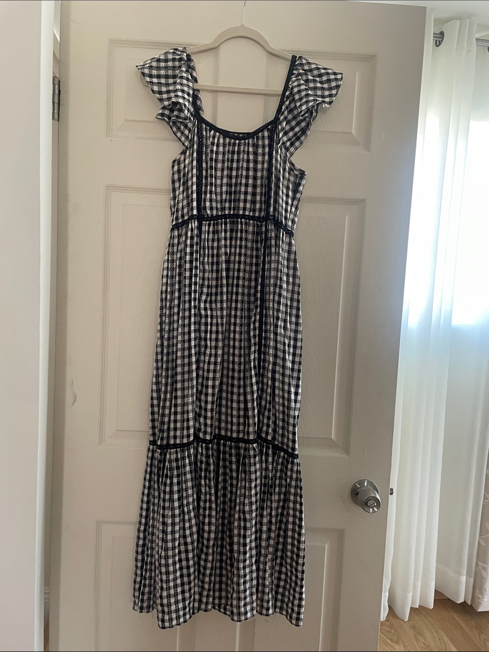 Max Studio Black and White Gingham Maxi Dress with Ruffle Sleeves